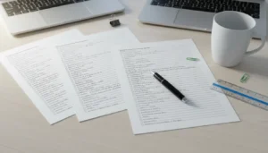 Trois feuilles de vérification annotées, un stylo et une tasse posés sur une table en bois clair.