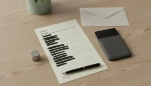 Un bureau clair vu de dessus : une facture imprimée dont les montants sont masqués, une calculatrice retournée, un stylo noir, une petite pile de pièces et une enveloppe.