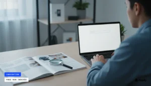 Un responsable e-commerce devant son ordinateur dont l'écran affiche une recherche vide, un catalogue produit ouvert et une loupe posés sur le bureau.