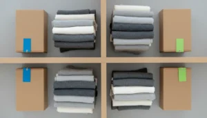 Deux espaces de rangement identiques côte à côte, avec des textiles pliés et des repères de couleur différents.