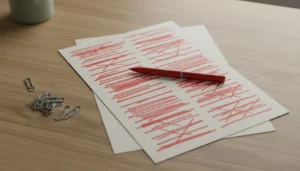 Une liste imprimée posée sur un plan de travail en bois clair, couverte de ratures au stylo rouge, avec un stylo rouge et une poignée de trombones auprès.