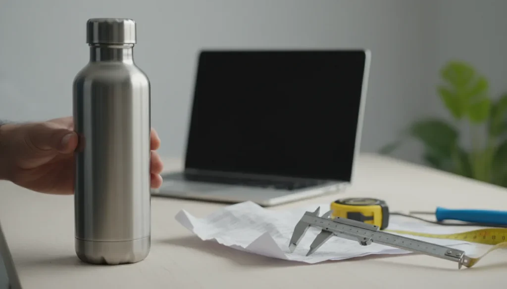 Une gourde en inox posée sur un plan de travail, entourée d'un mètre ruban, d'un pied à coulisse et d'une feuille technique.