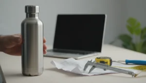 Une gourde en inox posée sur un plan de travail, entourée d'un mètre ruban, d'un pied à coulisse et d'une feuille technique.