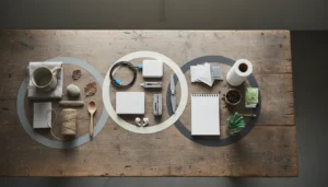 Vue de dessus d'une table d'atelier où des objets du quotidien sont regroupés en trois ensembles délimités par du ruban coloré.