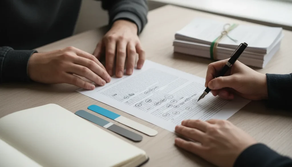 Deux personnes annotent une même page imprimée, stylo en main, avec un carnet et une pile de documents sur la table.