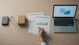 Vue plongeante d'un bureau : des échantillons de produits, des feuilles de courbes imprimées et un ordinateur portable, une main désigne les données du bout d'un stylo.