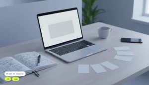 Un ordinateur portable ouvert sur un bureau, entouré d'un carnet de notes manuscrites, d'un stylo et de cartes blanches alignées.