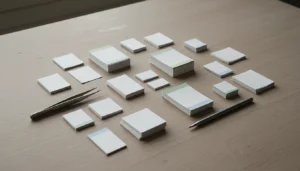Des dizaines de petites étiquettes de papier réparties sur un bureau en bois clair, regroupées en ensembles qui se chevauchent, avec une pince fine et un stylo.