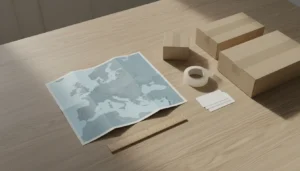 Un bureau en bois vu de dessus : une carte de l'Europe pliée, plusieurs étiquettes d'expédition vierges, un rouleau de ruban adhésif, une règle et trois petits cartons.