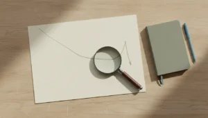 Une feuille de papier quadrillé posée sur un établi, avec une courbe descendante tracée au crayon et une loupe posée sur la fin de la courbe, un carnet et un stylo auprès.