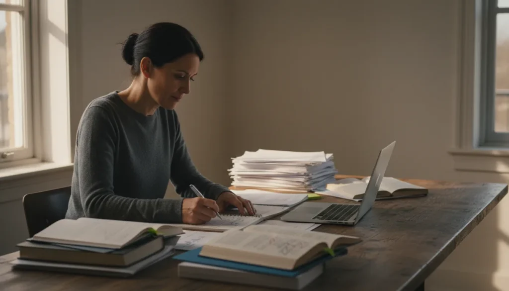 Une personne relit des documents imprimés à une grande table en bois, près d'une fenêtre, un ordinateur portable ouvert à côté.