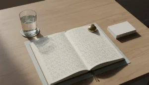 Un bureau d'écriture en lumière douce : un carnet ouvert rempli d'une écriture dense illisible, trois fiches vierges, un verre d'eau et un presse-papier en laiton.