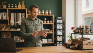 Un commerçant debout derrière le comptoir de sa boutique consulte une tablette, entouré de rayons garnis de produits.