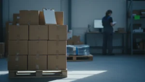 Dans un entrepôt, une palette chargée de cartons identiques fermés, avec un porte-bloc posé sur la pile.