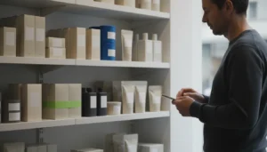 Une personne observe des produits rangés sur des étagères, carnet en main, dans une petite boutique.