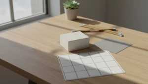 Une table de photographe vue de dessus : un petit coffret mat posé sous une lumière douce, une charte de gris, un mètre pliant et une planche de contacts aux cadres vides.